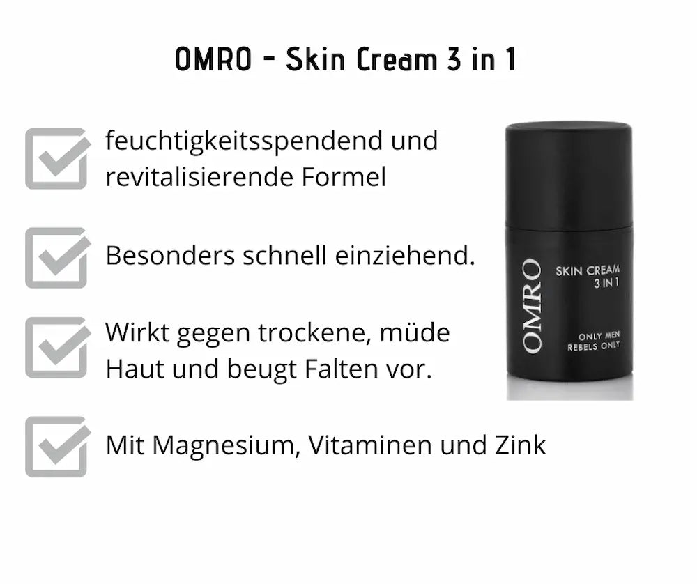 OMRO Skin Cream 3 in 1 in schwarzer Tube mit Infografik zu feuchtigkeitsspendender Formel, schnellem Einziehen, Magnesium, Vitaminen und Zink.