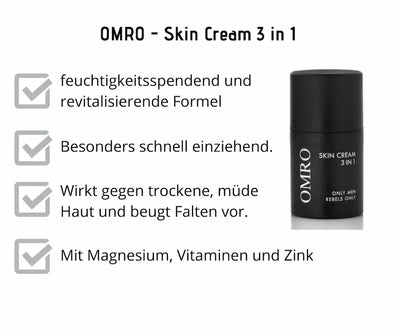 OMRO Skin Cream 3 in 1 in schwarzer Tube mit Infografik zu feuchtigkeitsspendender Formel, schnellem Einziehen, Magnesium, Vitaminen und Zink.