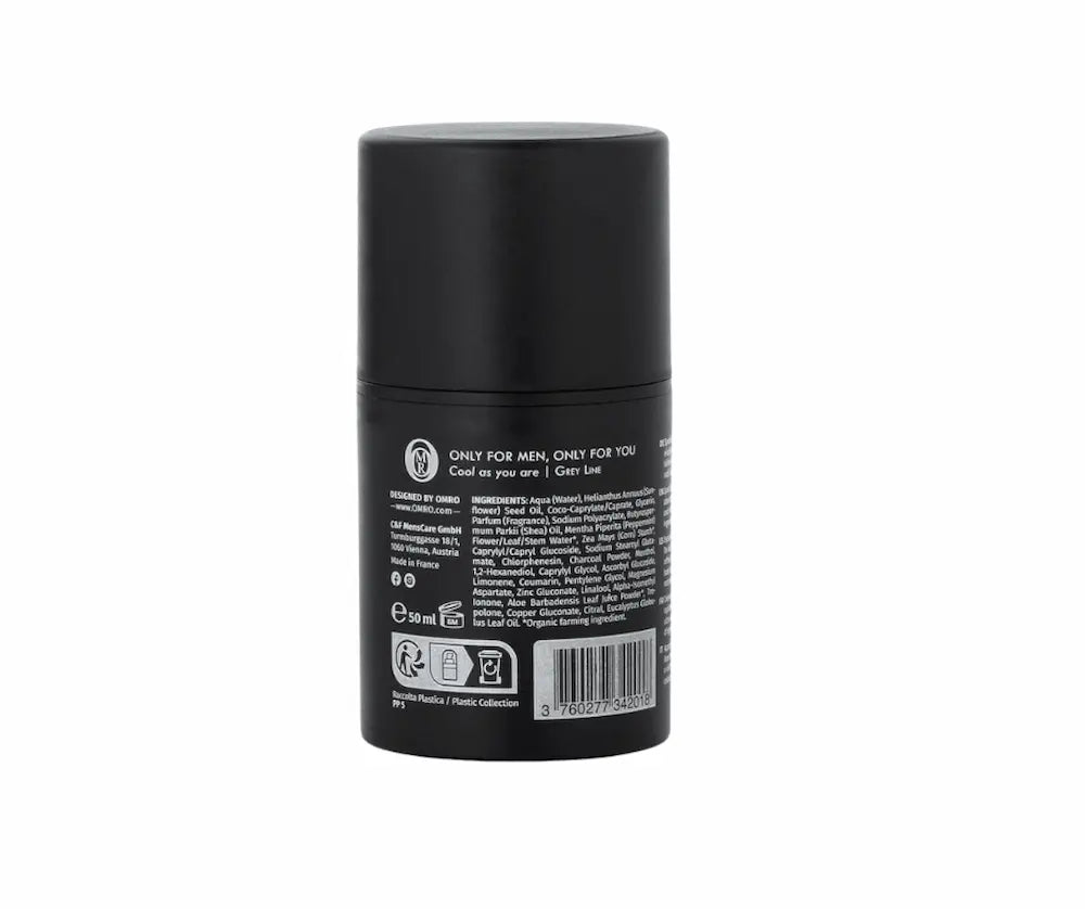 OMRO Skin Cream 3 in 1 in schwarzem 50 ml Tiegel, Rückansicht mit Inhaltsstoffen und Hinweis „Only for men, only for you“