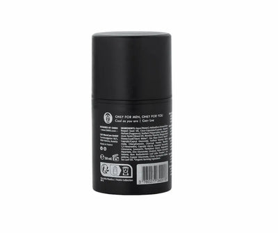 OMRO Skin Cream 3 in 1 in schwarzem 50 ml Tiegel, Rückansicht mit Inhaltsstoffen und Hinweis „Only for men, only for you“