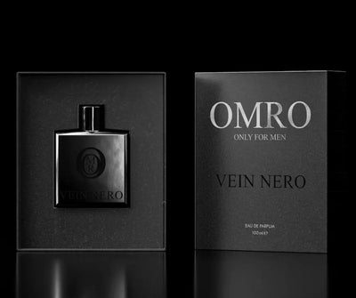 OMRO Vein Nero Eau de Parfum Only for Men, schwarzer Flakon mit Logo neben schwarzer Verpackung, 100 ml, Vorderansicht