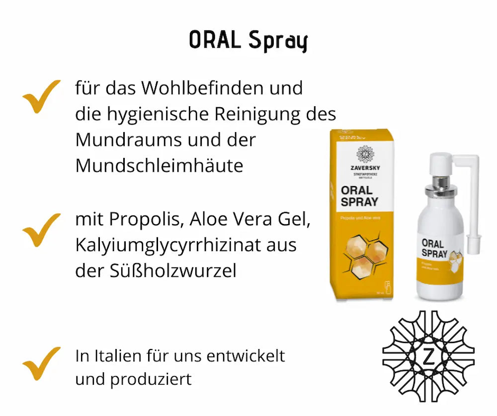 Zaversky Oral Spray mit Propolis und Aloe Vera in weißer Flasche mit Sprühaufsatz neben gelb-weißer Verpackung, Merkmale im Überblick