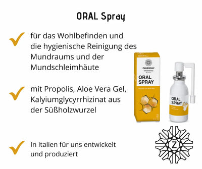 Zaversky Oral Spray mit Propolis und Aloe Vera in weißer Flasche mit Sprühaufsatz neben gelb-weißer Verpackung, Merkmale im Überblick