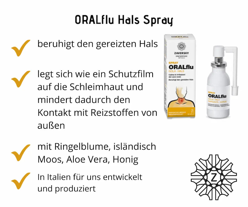ORALflu Hals Spray von Zaversky mit Faltschachtel und Sprühflasche, Infografik mit Hinweisen zu Ringelblume, isländisch Moos, Aloe Vera und Honig.