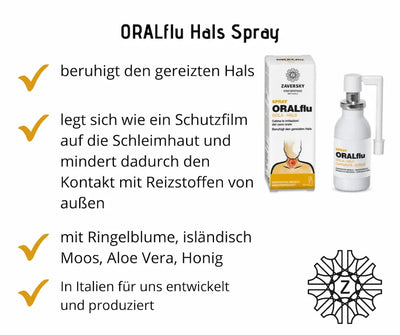 ORALflu Hals Spray von Zaversky mit Faltschachtel und Sprühflasche, Infografik mit Hinweisen zu Ringelblume, isländisch Moos, Aloe Vera und Honig.