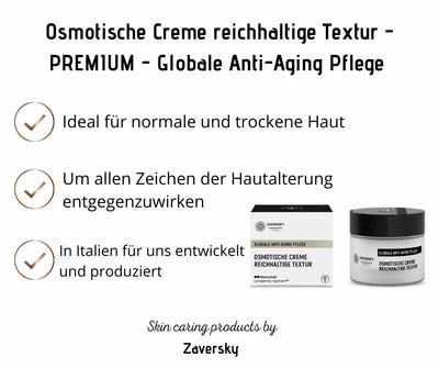 Zaversky Osmotische Creme reichhaltige Textur, Premium Anti-Aging Pflege im Tiegel mit Verpackung, ideal für normale und trockene Haut.