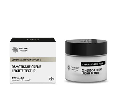 Zaversky Osmotische Creme Leichte Textur, Anti-Aging Pflege, weißer Tiegel mit schwarzem Deckel neben heller Verpackung