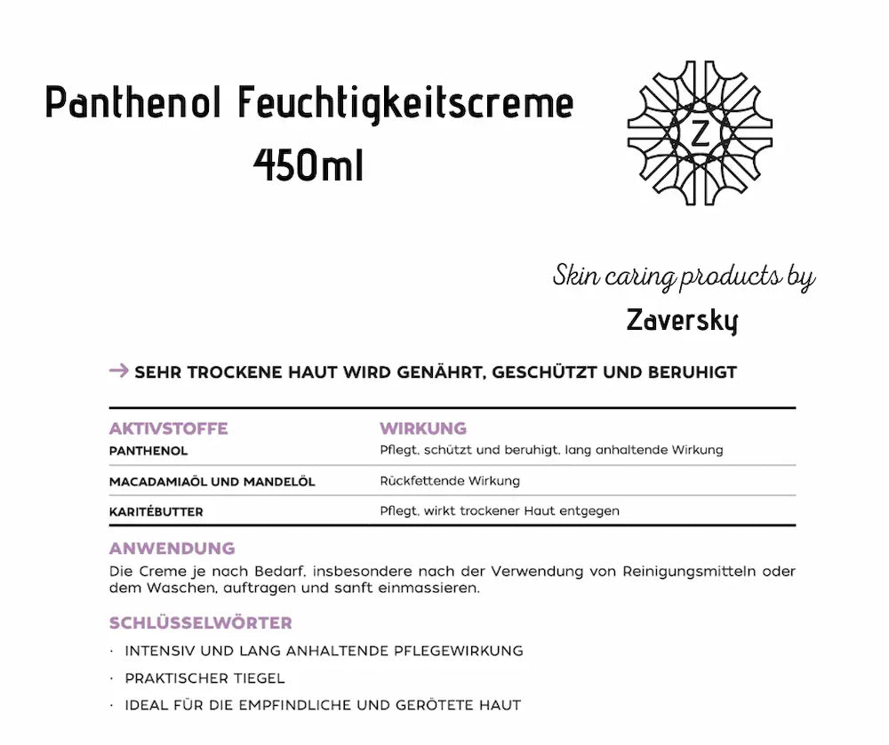 Infografik zur Panthenol Feuchtigkeitscreme 450 ml von Zaversky mit Aktivstoffen Panthenol, Macadamia-, Mandelöl und Karitébutter sowie Anwendungshinweisen
