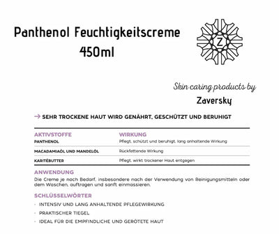 Infografik zur Panthenol Feuchtigkeitscreme 450 ml von Zaversky mit Aktivstoffen Panthenol, Macadamia-, Mandelöl und Karitébutter sowie Anwendungshinweisen