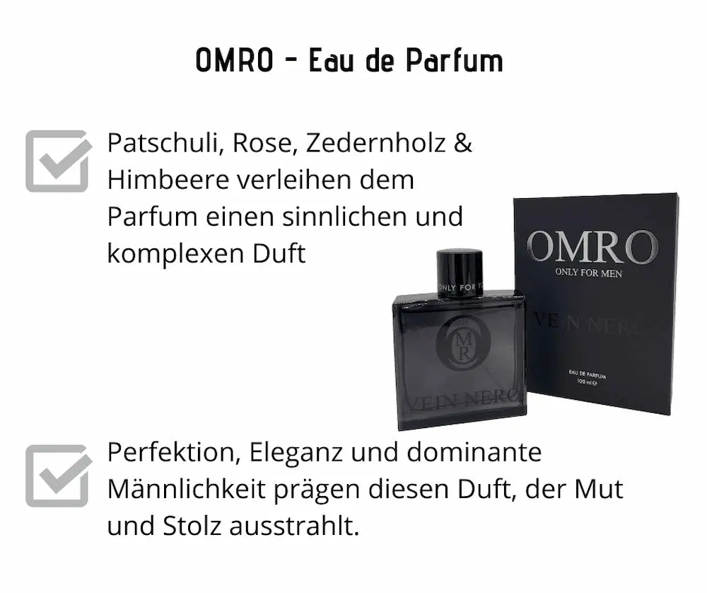 OMRO Vein Nero Eau de Parfum 100 ml in schwarzem Flakon mit passender schwarzer Verpackung, Duftnoten Patschuli, Rose, Zedernholz und Himbeere