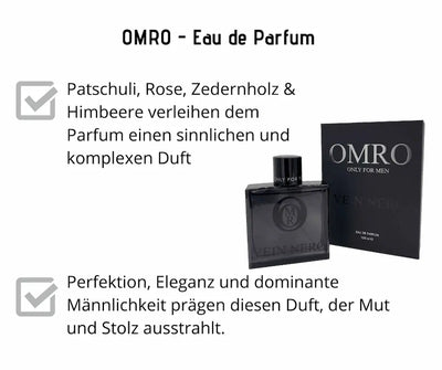 OMRO Vein Nero Eau de Parfum 100 ml in schwarzem Flakon mit passender schwarzer Verpackung, Duftnoten Patschuli, Rose, Zedernholz und Himbeere