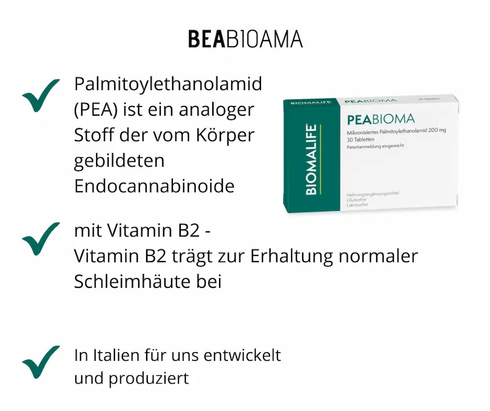 PEABIOMA Infografik mit Verpackung von Biomalife, mikronisiertes Palmitoylethanolamid 200 mg, 30 Tabletten, glutenfrei und laktosefrei