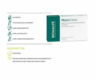PEABIOMA von Biomalife, Faltschachtel mit 30 Tabletten Palmitoylethanolamid 200 mg, glutenfrei, laktosefrei, für Vegetarier geeignet.