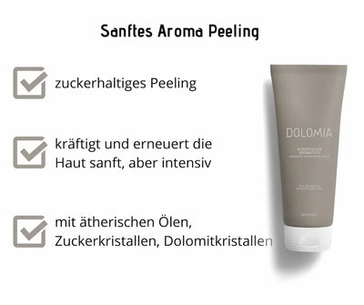 Infografik zum Dolomia Sanftes Aroma Peeling, taupefarbene Tube mit drei Merkmalen: zuckerhaltig, hautkräftigend, mit ätherischen Ölen