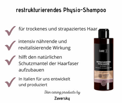 Infografik zum restrukturierenden Physio-Shampoo Care Z von Zaversky mit Ceramide-3 für trockenes und strapaziertes Haar, schwarze Flasche und vier Produktvorteile