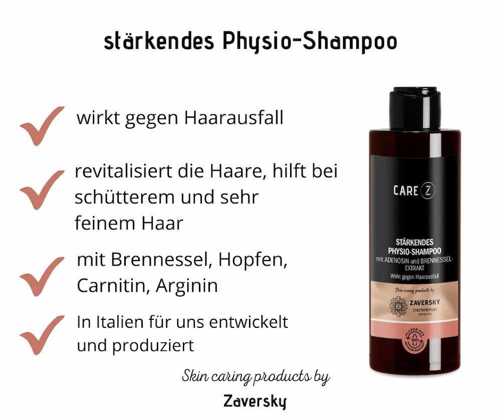 Infografik zum stärkenden Physio-Shampoo von Care Z mit braunem Flaschendesign, Z-Logo und Hinweisen zu Wirkung, Inhaltsstoffen und Herkunft