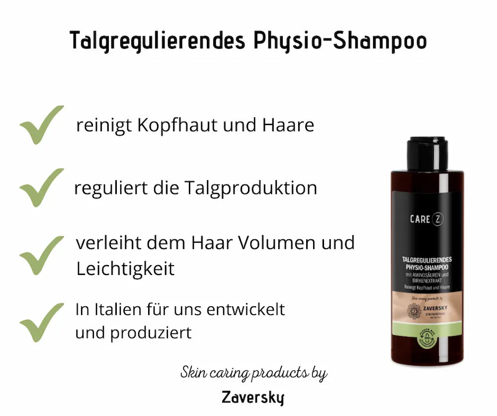 Infografik zum talgregulierenden Care Z Physio-Shampoo mit Aminosäuren und Birkenextrakt, vier Produktvorteilen und Flasche rechts