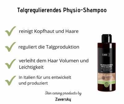 Infografik zum talgregulierenden Care Z Physio-Shampoo mit Aminosäuren und Birkenextrakt, vier Produktvorteilen und Flasche rechts