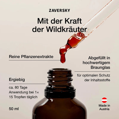 Zaversky Energie Bündel Infografik mit geöffneter Braunglasflasche und Pipette, rötlicher Tropfen, Hinweise zu Wildkräutern, 50 ml, Made in Austria