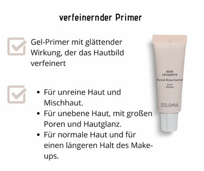 Infografik zu verfeinerndem Primer von Dolomia, Base Levigante Pore & Shine Control Blur Primer in beiger Tube mit Anwendungsmerkmalen.
