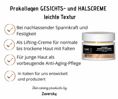 Infografik zur CARE Z Prokollagen Gesichts- und Halscreme von Zaversky mit weißem Tiegel und vier Anwendungsvorteilen zur Hautstraffung.