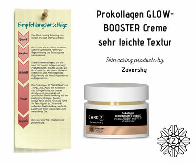 Care Z Prokollagen Glow-Booster Creme im Tiegel mit schwarz-goldenem Etikett, daneben Infografik mit Empfehlungsvorschlägen
