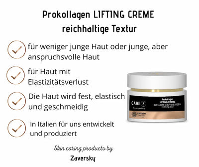 Infografik zur Prokollagen Lifting-Creme von CARE Z mit weißem Tiegel und vier Vorteilen für reifere, anspruchsvolle Haut