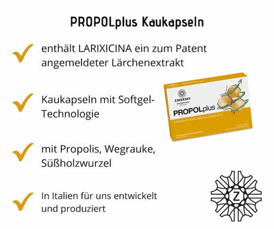 PROPOLplus Kaukapseln Zaversky mit LARIXICINA Lärchenextrakt, Propolis, Wegrauke und Süßholzwurzel in Softgel-Technologie, Infografik mit vier Produktmerkmalen.
