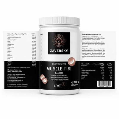 Zaversky Muscle Pro Proteinpulver Banane, weiße Dose mit schwarzem Etikett, CFM Whey Protein Isolat, 800 g