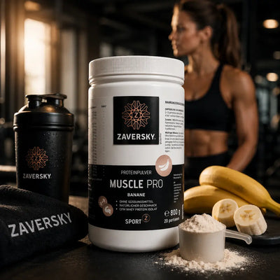 Zaversky Muscle Pro Proteinpulver Banane in weiß-schwarzer Dose, 800 g, daneben Shaker, Bananen und gefüllter Messlöffel im Fitnessstudio