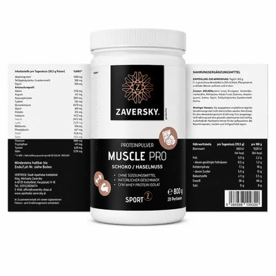  Zaversky Muscle Pro Proteinpulver Schoko/Haselnuss in weißer 800-g-Dose mit schwarzem Etikett, daneben Inhaltsstoff- und Nährwerttabelle