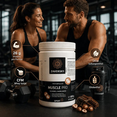 Zaversky Muscle Pro Proteinpulver Schoko/Haselnuss, weiße 800-g-Dose mit Infografik zu 26 g Protein, CFM Whey Isolat, glutenfrei und ohne Süßungsmittel
