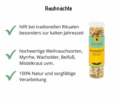 Infografik zu Rauhnächte Weihrauch & Kräuter im Glas mit weißem Deckel, grün-gelbem Etikett und Hinweisen zu traditionellen Ritualen und 100% Natur