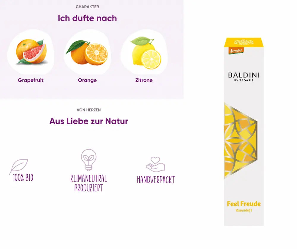 Baldini by Taoasis Feel Freude Raumduft in gelber Demeter-Verpackung mit Zitrusnoten aus Grapefruit, Orange und Zitrone, 100 % bio, klimaneutral, handverpackt