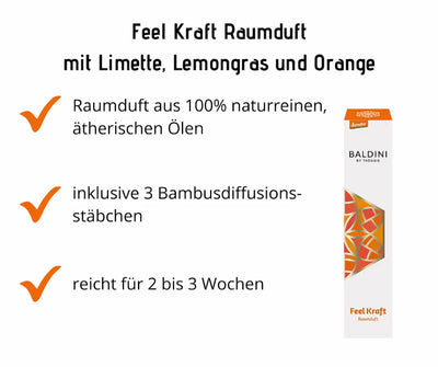 Baldini by Taoasis Feel Kraft Raumduft mit Limette, Lemongras und Orange, 100% naturreine ätherische Öle, inklusive 3 Bambusdiffusionsstäbchen