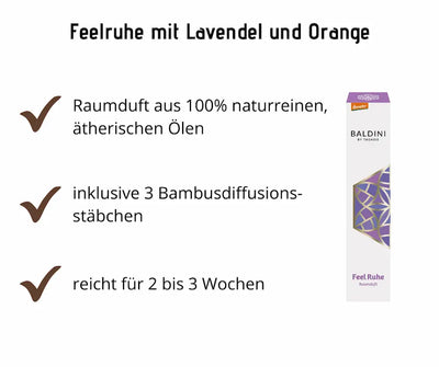 Infografik zum Raumduft Feel Ruhe von Baldini by Taoasis, weiße Verpackung mit violettem Muster und drei Vorteilshinweisen zu Lavendel und Orange