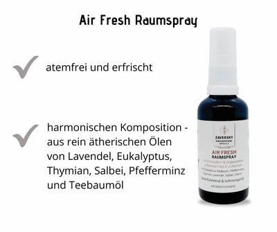 Air Fresh Raumspray der Zaversky Stadtapotheke in dunkler Sprühflasche mit Hinweisen zu atemfreier Wirkung und ätherischen Ölen
