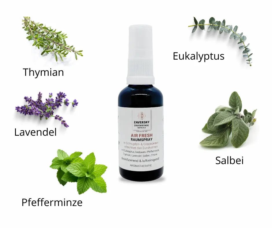 Air Fresh Raumspray der Zaversky Stadtapotheke in dunkler Sprühflasche, umgeben von Thymian, Eukalyptus, Lavendel, Salbei und Pfefferminze