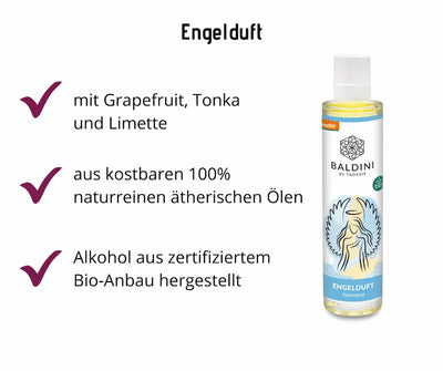 Baldini Engelduft Raumspray Infografik mit Hinweisen zu Grapefruit, Tonka und Limette sowie Flasche mit Engelmotiv und Bio-Siegel