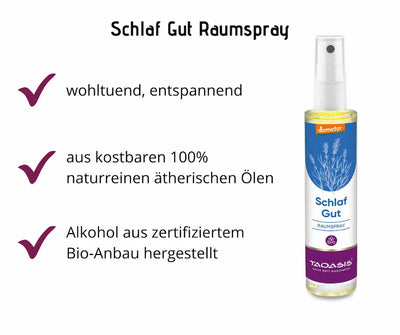 Taoasis Schlaf Gut Raumspray in blau-violetter Flasche mit Lavendelmotiv, Infografik mit Hinweisen auf wohltuende Wirkung und ätherische Bio-Öle