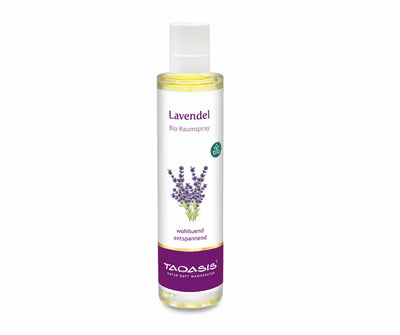 Taoasis Lavendel Bio Raumspray in transparenter Sprühflasche mit weißem Verschluss, Lavendelillustration und Bio-Siegel auf dem Etikett
