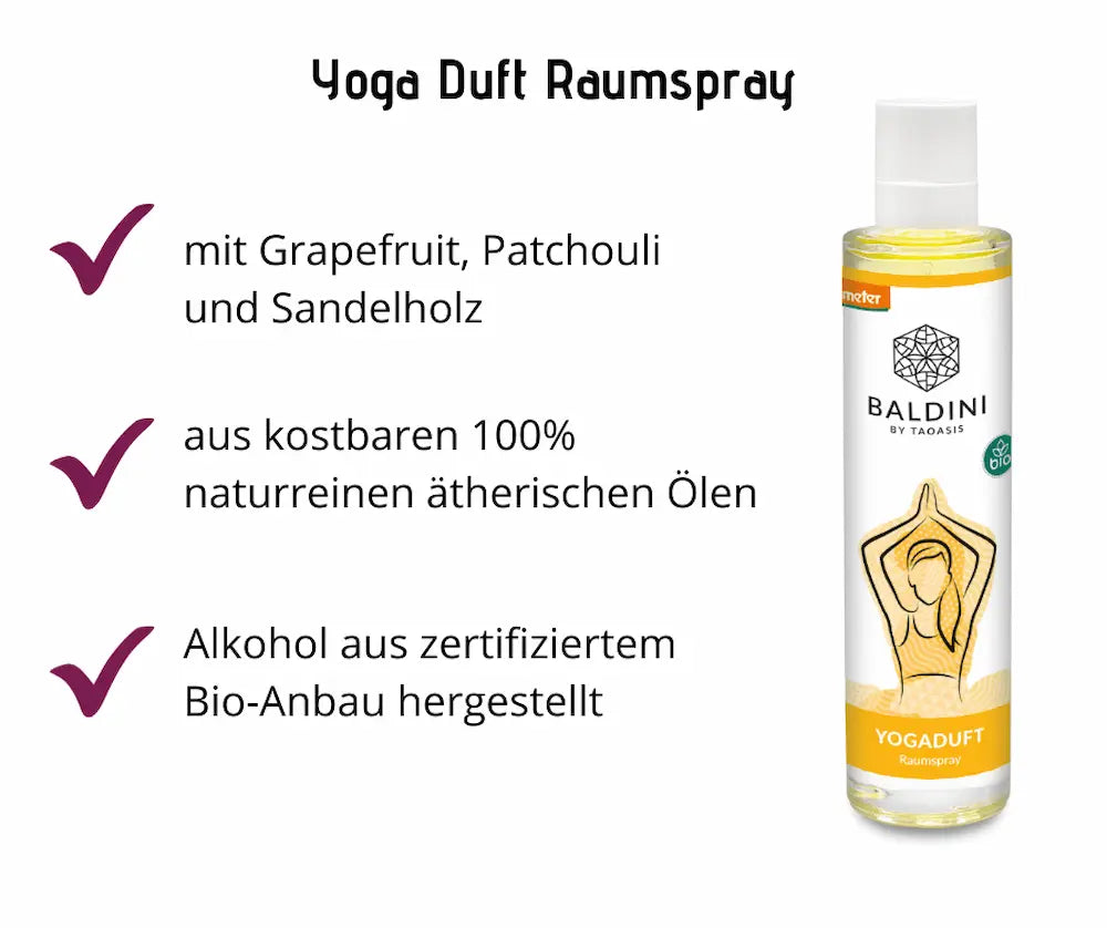 Baldini by Taoasis Yogaduft Raumspray in transparenter Flasche mit weißer Sprühkappe, Infografik mit drei Vorteilen und Yoga-Motiv