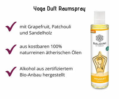 Baldini by Taoasis Yogaduft Raumspray in transparenter Flasche mit weißer Sprühkappe, Infografik mit drei Vorteilen und Yoga-Motiv
