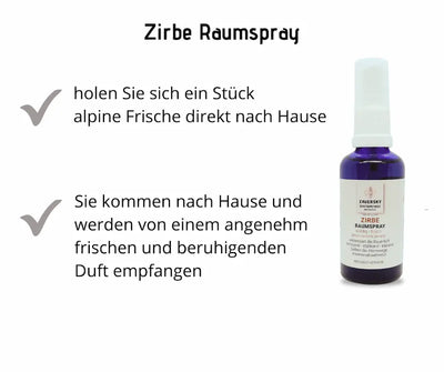 Zirbe Raumspray der Apotheke Zaversky in violetter Sprühflasche mit Etikett, daneben Hinweise zu waldig-frischem Duft für zuhause