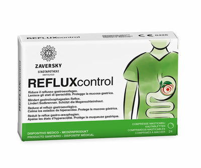 Weiß-grüne Verpackung REFLUXcontrol der Zaversky Stadtapotheke mit Magen-Illustration, Kautabletten, Medizinprodukt, 24 Stück