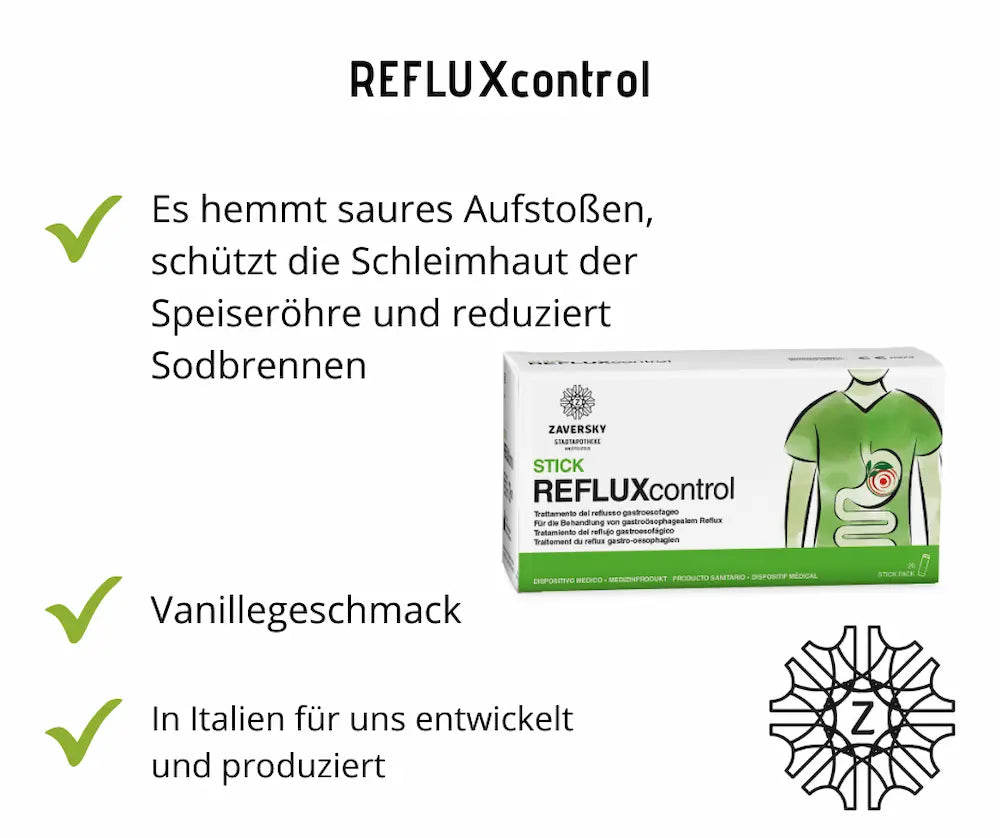 REFLUXcontrol Stick Medizinprodukt von Zaversky mit Vanillegeschmack, Infografik zu Sodbrennen, Schleimhautschutz und Reflux