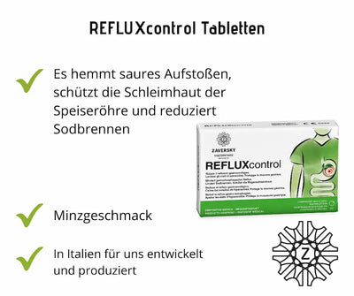 REFLUXcontrol Tabletten Infografik mit grüner Verpackung, Minzgeschmack-Hinweis sowie Stichpunkten zu Sodbrennen und Schutz der Speiseröhre