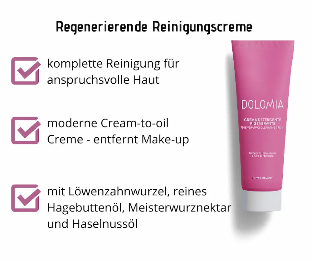 Infografik zur Dolomia regenerierenden Reinigungscreme in pinker Tube mit Vorteilen: komplette Reinigung, Cream-to-oil, mit Hagebuttenöl