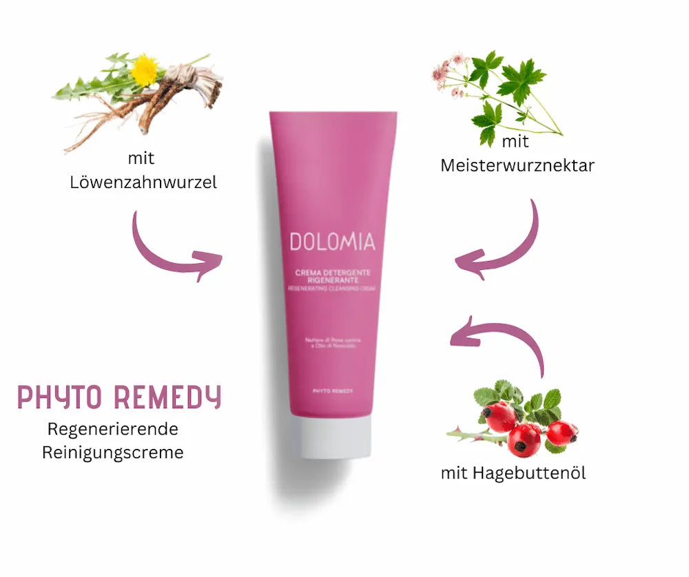 Dolomia Phyto Remedy regenerierende Reinigungscreme in pinker Tube, umgeben von Löwenzahnwurzel, Meisterwurznektar und Hagebuttenöl