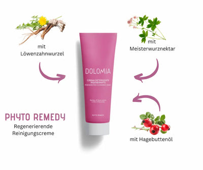 Dolomia Phyto Remedy regenerierende Reinigungscreme in pinker Tube, umgeben von Löwenzahnwurzel, Meisterwurznektar und Hagebuttenöl